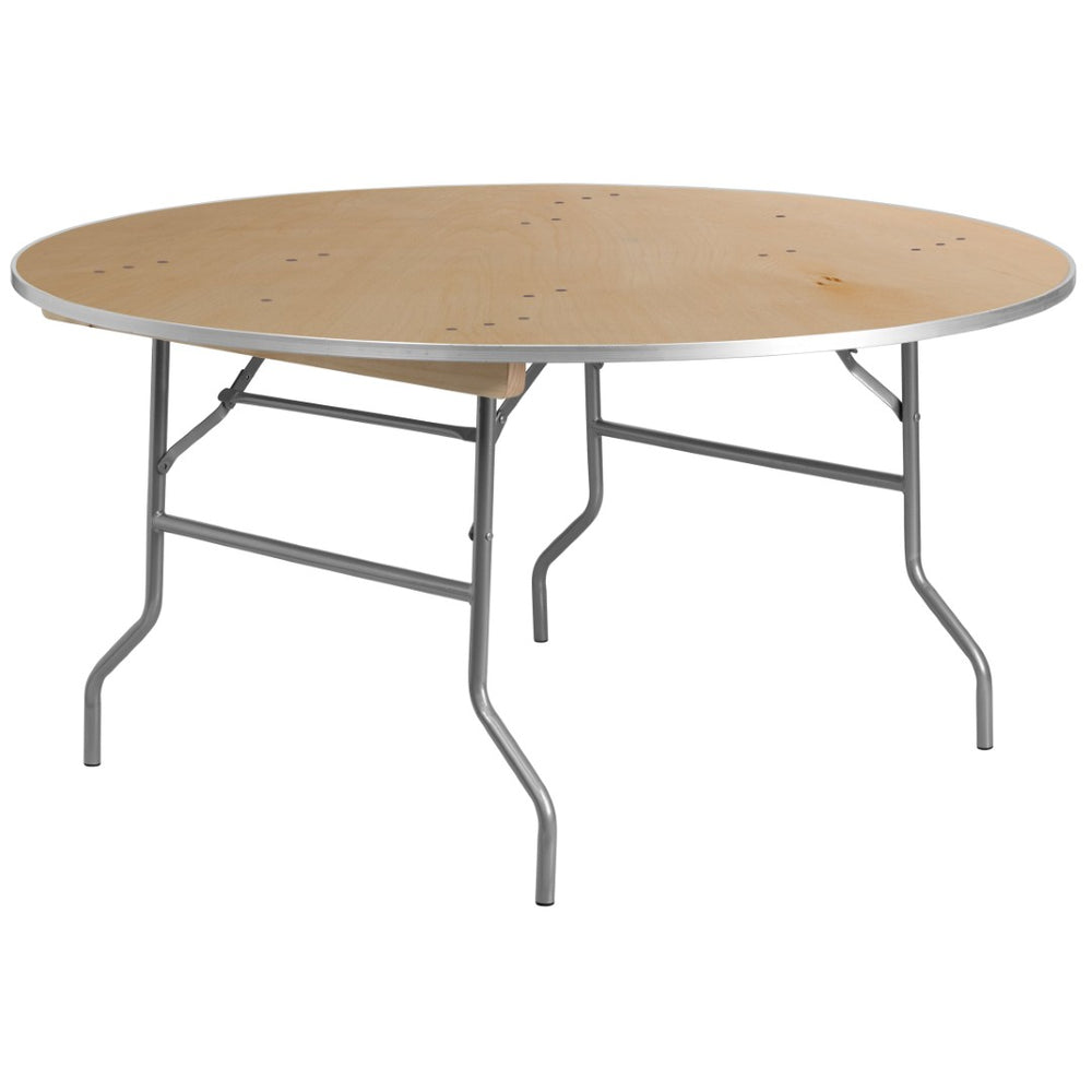 English Elm Fielder 5-Foot Round Heavy Duty Birchwood Folding Table with Metal Edges for Events & Rentals XA-60-BIRCH-M-GG