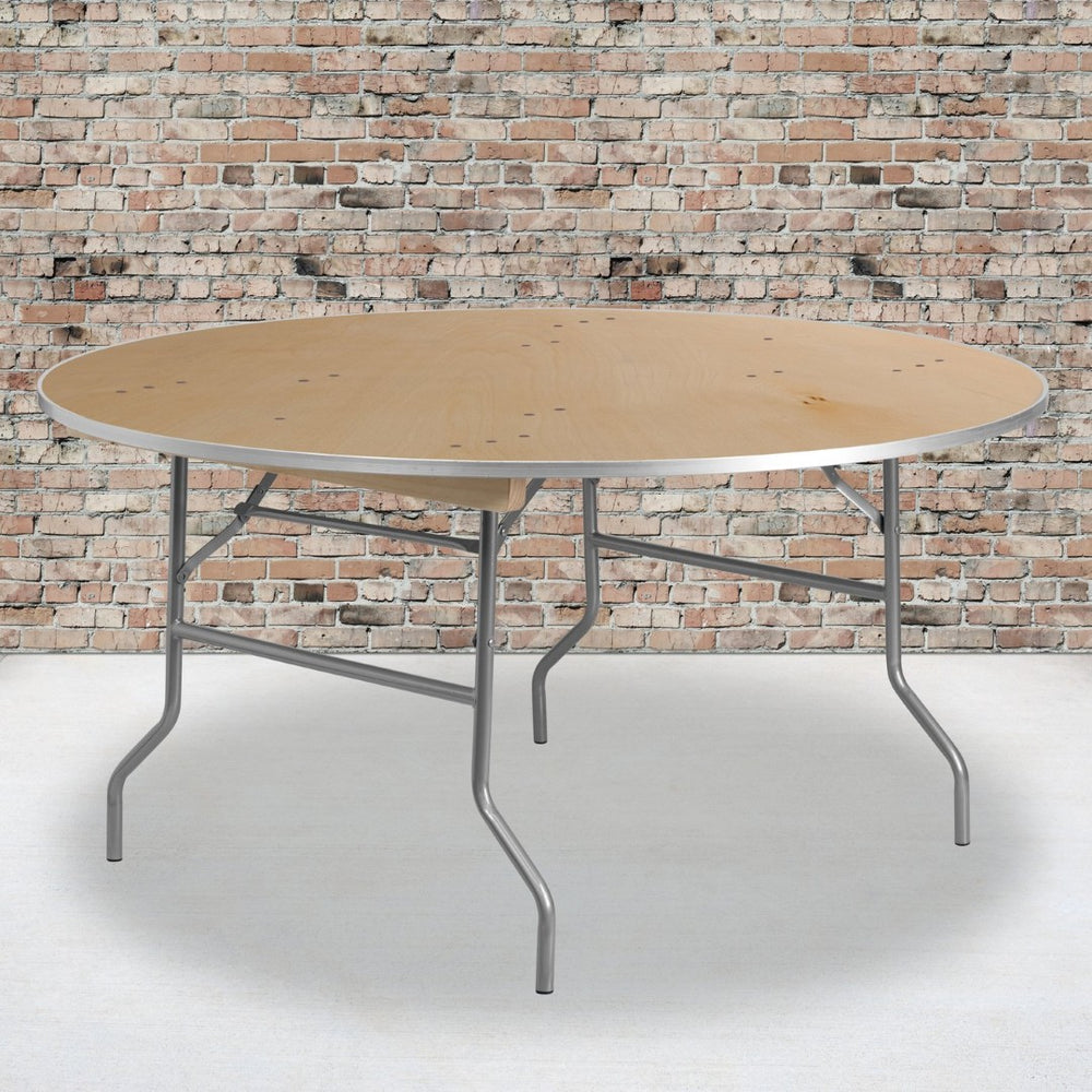 English Elm Fielder 5-Foot Round Heavy Duty Birchwood Folding Table with Metal Edges for Events & Rentals XA-60-BIRCH-M-GG