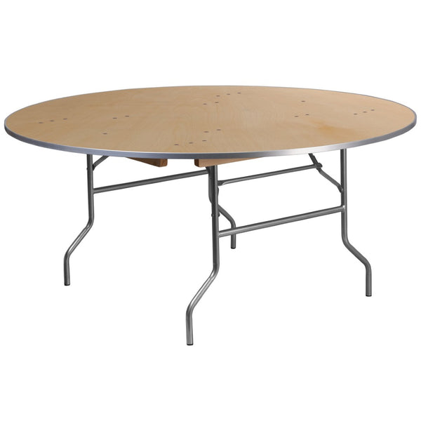 English Elm Fielder 5.5-Foot Round Folding Banquet Table – Heavy-Duty Birchwood with Metal Edges for Events XA-66-BIRCH-M-GG