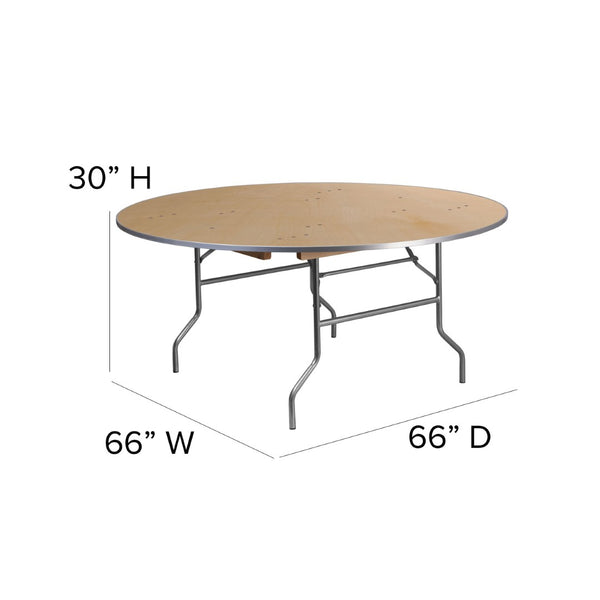 English Elm Fielder 5.5-Foot Round Folding Banquet Table – Heavy-Duty Birchwood with Metal Edges for Events XA-66-BIRCH-M-GG