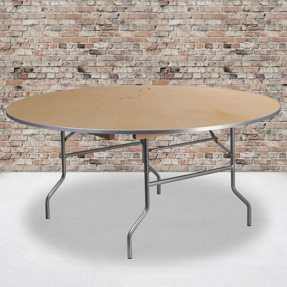 English Elm Fielder 5.5-Foot Round Folding Banquet Table – Heavy-Duty Birchwood with Metal Edges for Events XA-66-BIRCH-M-GG