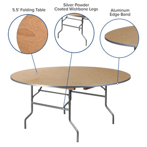 English Elm Fielder 5.5-Foot Round Folding Banquet Table – Heavy-Duty Birchwood with Metal Edges for Events XA-66-BIRCH-M-GG
