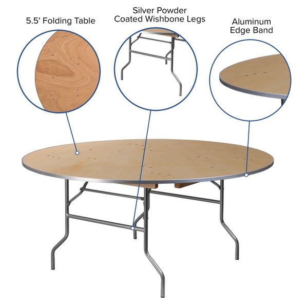 English Elm Fielder 5.5-Foot Round Folding Banquet Table – Heavy-Duty Birchwood with Metal Edges for Events XA-66-BIRCH-M-GG