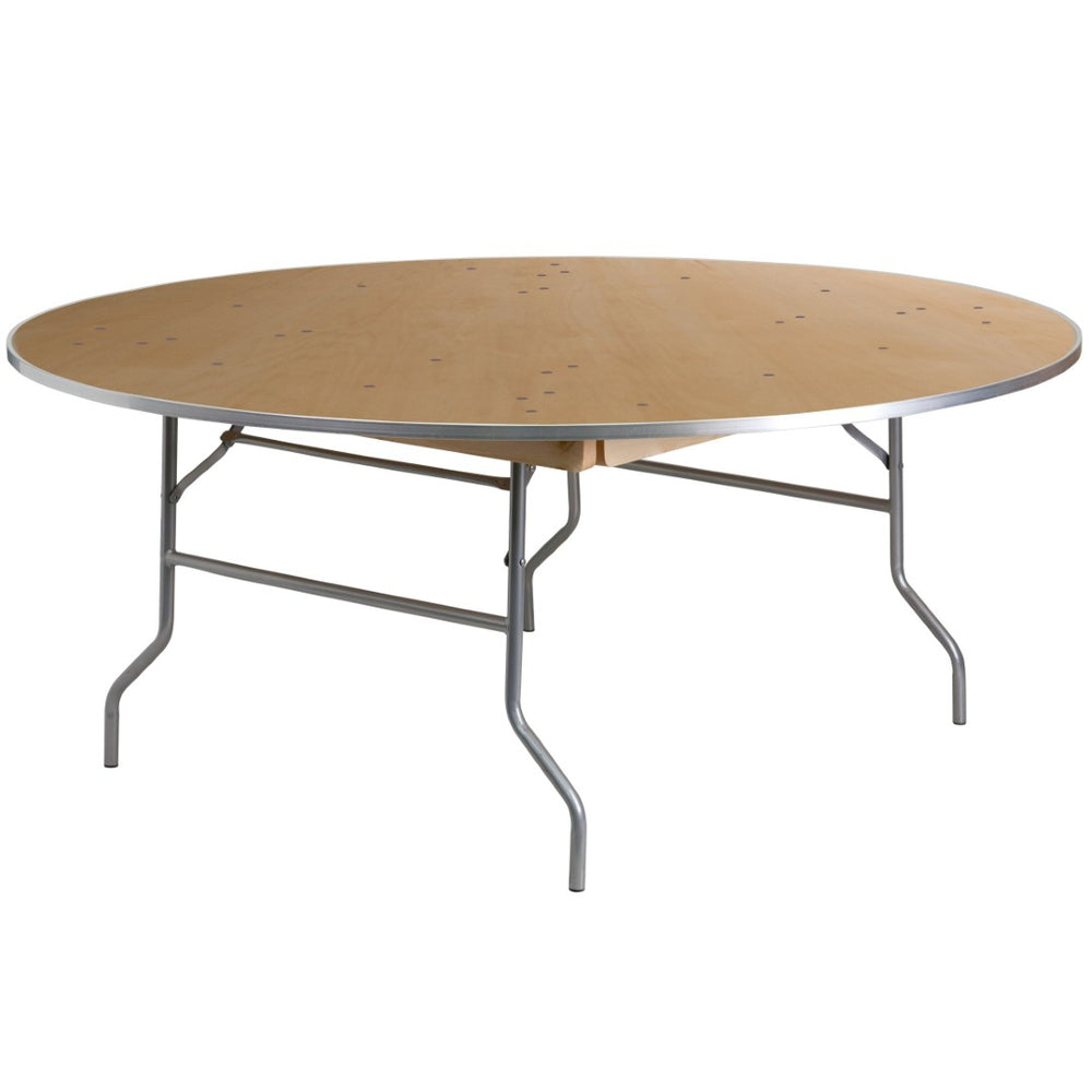 English Elm Fielder 6-Foot Round Heavy-Duty Birchwood Folding Banquet Table with Durable Metal Edges for Events XA-72-BIRCH-M-GG