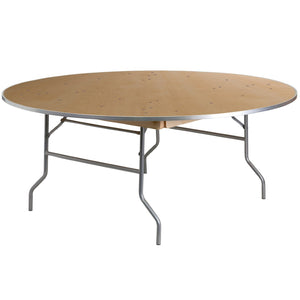 English Elm Fielder 6-Foot Round Heavy-Duty Birchwood Folding Banquet Table with Durable Metal Edges for Events XA-72-BIRCH-M-GG