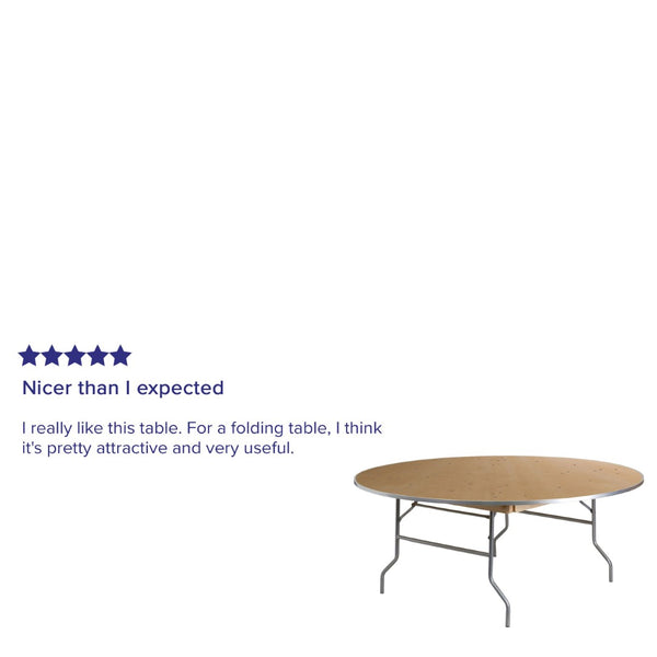 English Elm Fielder 6-Foot Round Heavy-Duty Birchwood Folding Banquet Table with Durable Metal Edges for Events XA-72-BIRCH-M-GG