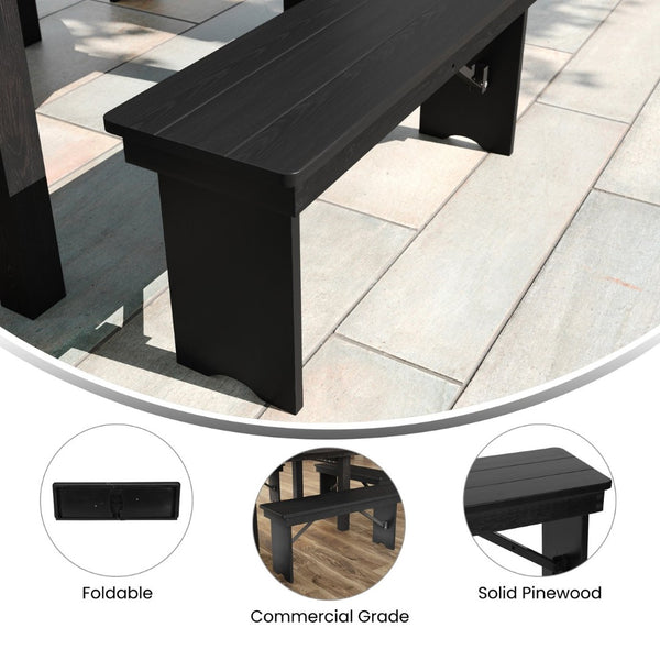 English Elm HERCULES 40" x 12" Rustic Pine Farmhouse Folding Bench with Locking Legs for Versatile Indoor Use XA-B-40X12-BW-GG