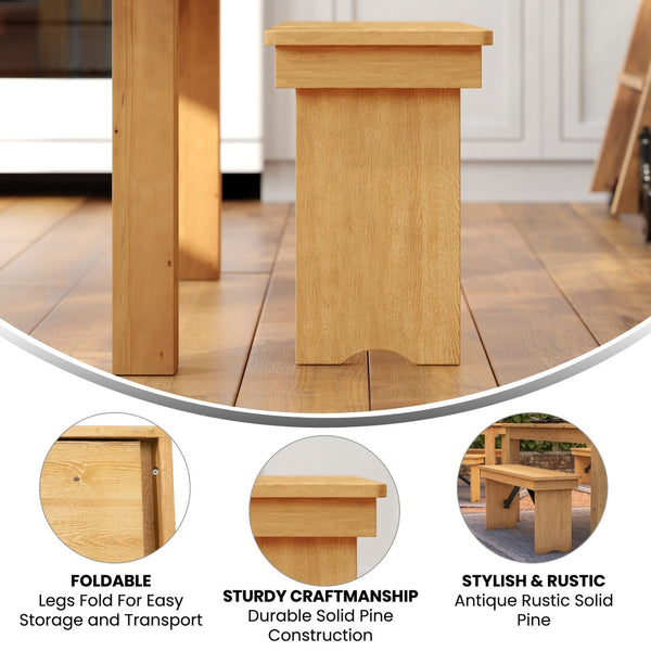 English Elm HERCULES Solid Pine Folding Farm Bench - Timeless Farmhouse Charm for Dining and Entryways Light Natural XA-B-40X12-LN-GG