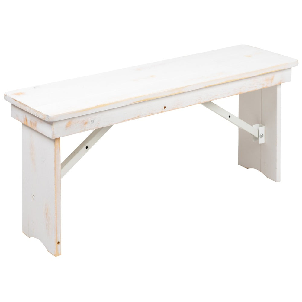 English Elm HERCULES Solid Pine Folding Farm Bench - Timeless Farmhouse Charm for Dining and Entryways Antique Rustic White 40"L x 12"W XA-B-40X12-WH-GG