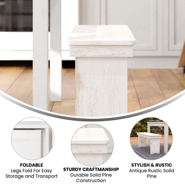 English Elm HERCULES Solid Pine Folding Farm Bench - Timeless Farmhouse Charm for Dining and Entryways Antique Rustic White 40"L x 12"W XA-B-40X12-WH-GG