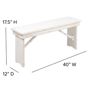 English Elm HERCULES Solid Pine Folding Farm Bench - Timeless Farmhouse Charm for Dining and Entryways Antique Rustic White 40"L x 12"W XA-B-40X12-WH-GG