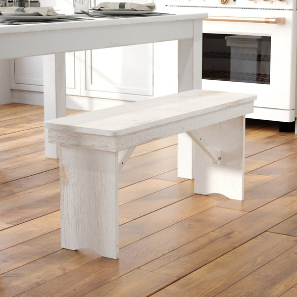 English Elm HERCULES Solid Pine Folding Farm Bench - Timeless Farmhouse Charm for Dining and Entryways Antique Rustic White 40"L x 12"W XA-B-40X12-WH-GG