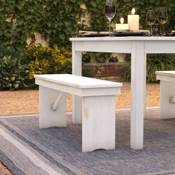 English Elm HERCULES Solid Pine Folding Farm Bench - Timeless Farmhouse Charm for Dining and Entryways Antique Rustic White 40"L x 12"W XA-B-40X12-WH-GG