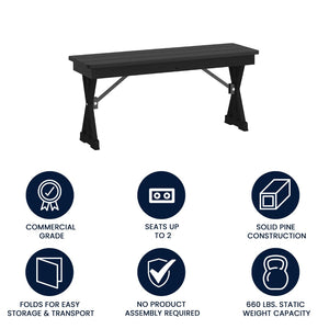 English Elm HERCULES 40" x 12" Rustic Black Wash Solid Pine Folding Bench with Locking X-Legs for Versatile Use XA-B-40X12-XLEGS-BW-GG