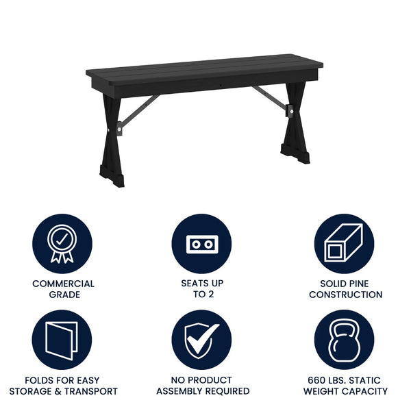 English Elm HERCULES 40" x 12" Rustic Black Wash Solid Pine Folding Bench with Locking X-Legs for Versatile Use XA-B-40X12-XLEGS-BW-GG