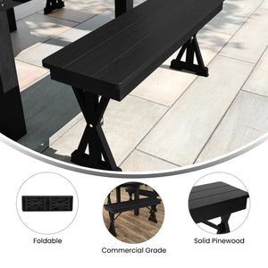 English Elm HERCULES 40" x 12" Rustic Black Wash Solid Pine Folding Bench with Locking X-Legs for Versatile Use XA-B-40X12-XLEGS-BW-GG