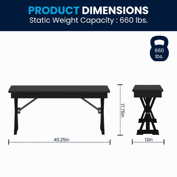 English Elm HERCULES 40" x 12" Rustic Black Wash Solid Pine Folding Bench with Locking X-Legs for Versatile Use XA-B-40X12-XLEGS-BW-GG