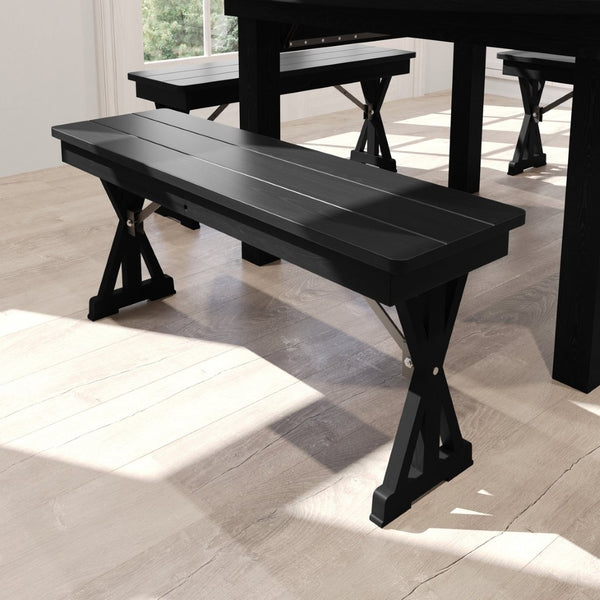 English Elm HERCULES 40" x 12" Rustic Black Wash Solid Pine Folding Bench with Locking X-Legs for Versatile Use XA-B-40X12-XLEGS-BW-GG