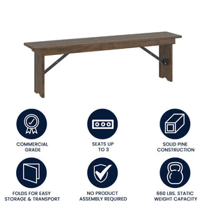 English Elm HERCULES 60" x 12" Rustic Solid Pine Folding Bench with Locking Legs for Farmhouse Charm & Versatility XA-B-60X12-GG