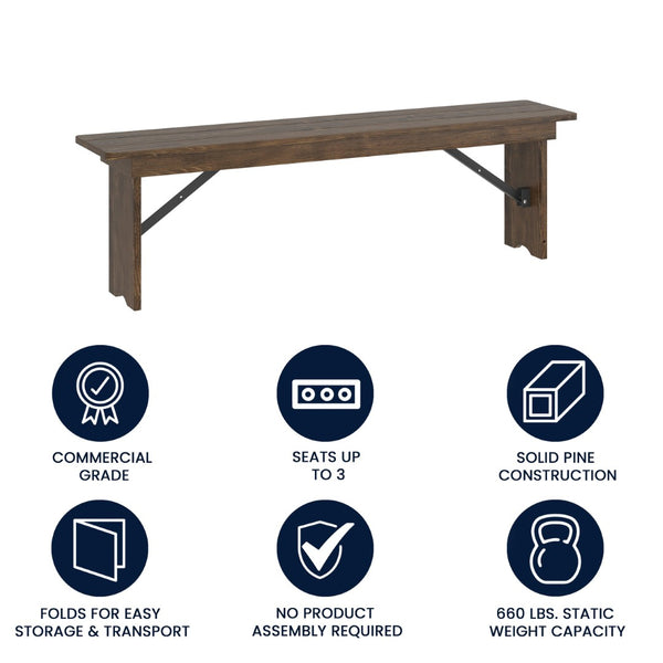 English Elm HERCULES 60" x 12" Rustic Solid Pine Folding Bench with Locking Legs for Farmhouse Charm & Versatility XA-B-60X12-GG