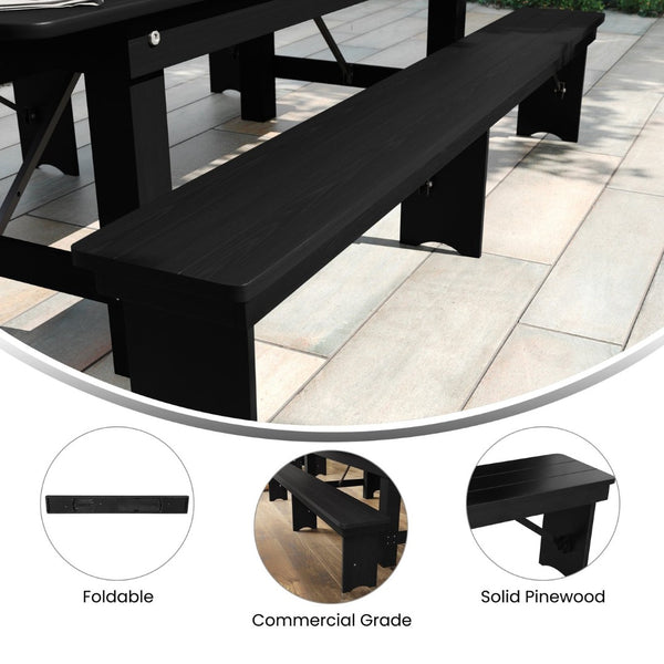 English Elm HERCULES Solid Pine Farmhouse Folding Bench - Durable, Stylish, and Perfect for Indoor or Event Use Black Wash XA-B-96X12-L-BW-GG