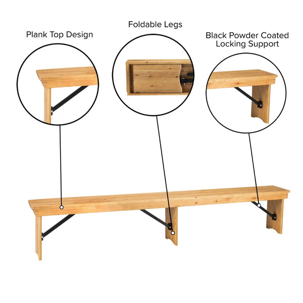 English Elm HERCULES Solid Pine Farmhouse Folding Bench - Durable, Stylish, and Perfect for Indoor or Event Use Light Natural XA-B-96X12-L-LN-GG