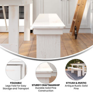 English Elm HERCULES Solid Pine Farmhouse Folding Bench - Durable, Stylish, and Perfect for Indoor or Event Use Antique Rustic White 8'L x 12"W XA-B-96X12-L-WH-GG