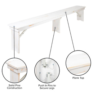 English Elm HERCULES Solid Pine Farmhouse Folding Bench - Durable, Stylish, and Perfect for Indoor or Event Use Antique Rustic White 8'L x 12"W XA-B-96X12-L-WH-GG
