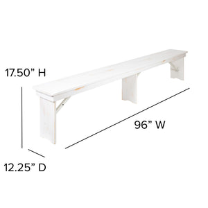 English Elm HERCULES Solid Pine Farmhouse Folding Bench - Durable, Stylish, and Perfect for Indoor or Event Use Antique Rustic White 8'L x 12"W XA-B-96X12-L-WH-GG