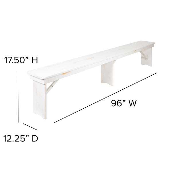 English Elm HERCULES Solid Pine Farmhouse Folding Bench - Durable, Stylish, and Perfect for Indoor or Event Use Antique Rustic White 8'L x 12"W XA-B-96X12-L-WH-GG