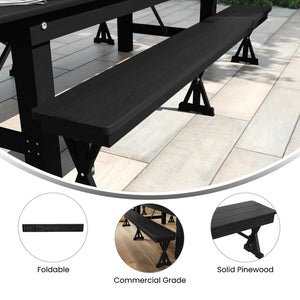 English Elm HERCULES 8' x 12'' Black Wash Solid Pine Folding Bench - Rustic Farmhouse Style for Home & Events XA-B-96X12-L-XLEGS-BW-GG