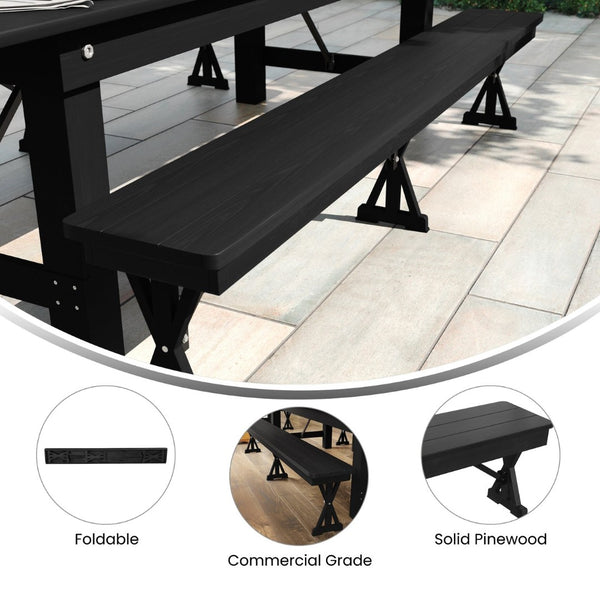 English Elm HERCULES 8' x 12'' Black Wash Solid Pine Folding Bench - Rustic Farmhouse Style for Home & Events XA-B-96X12-L-XLEGS-BW-GG