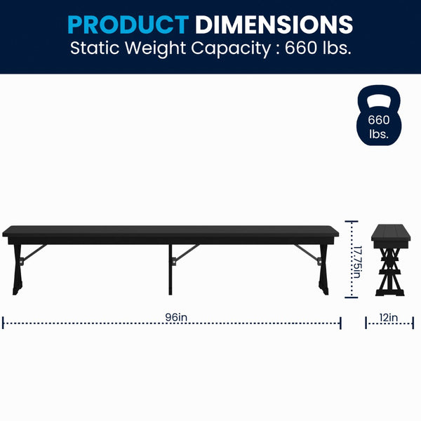 English Elm HERCULES 8' x 12'' Black Wash Solid Pine Folding Bench - Rustic Farmhouse Style for Home & Events XA-B-96X12-L-XLEGS-BW-GG