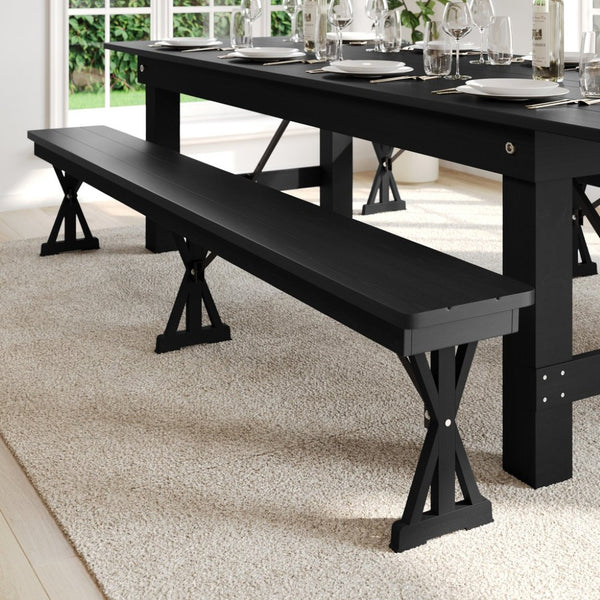 English Elm HERCULES 8' x 12'' Black Wash Solid Pine Folding Bench - Rustic Farmhouse Style for Home & Events XA-B-96X12-L-XLEGS-BW-GG