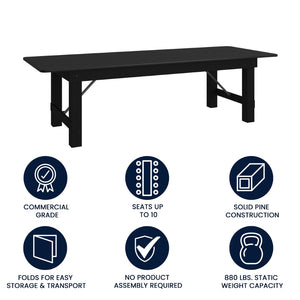 English Elm HERCULES Commercial Farmhouse Folding Table - Durable Solid Pine Design for Dining & Events, 10 Seats Black Wash 9'L x 40"W XA-F-108X40-BW-GG
