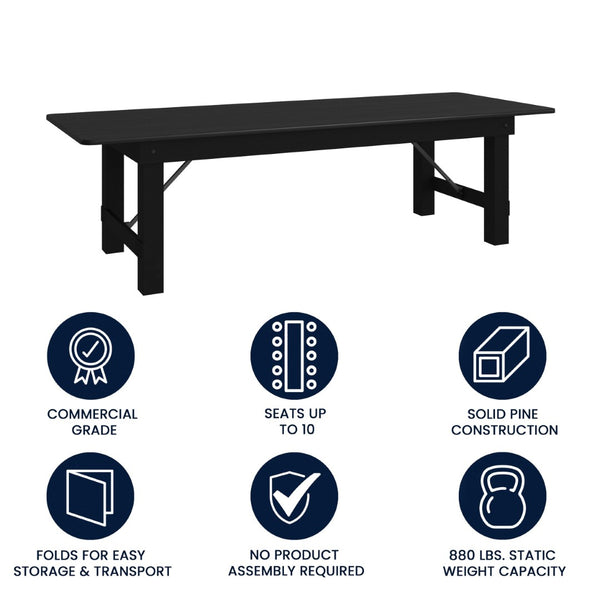 English Elm HERCULES Commercial Farmhouse Folding Table - Durable Solid Pine Design for Dining & Events, 10 Seats Black Wash 9'L x 40"W XA-F-108X40-BW-GG