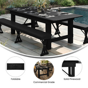 English Elm HERCULES Commercial Farmhouse Folding Table - Durable Solid Pine Design for Dining & Events, 10 Seats Black Wash 9'L x 40"W XA-F-108X40-BW-GG