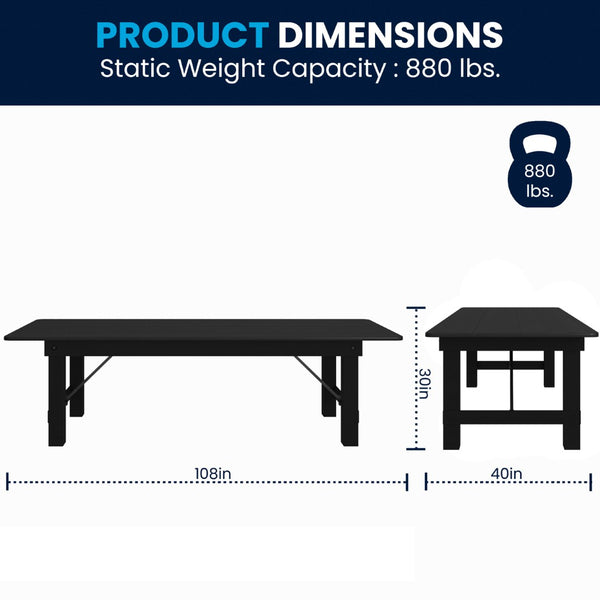 English Elm HERCULES Commercial Farmhouse Folding Table - Durable Solid Pine Design for Dining & Events, 10 Seats Black Wash 9'L x 40"W XA-F-108X40-BW-GG