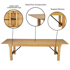 English Elm HERCULES Commercial Farmhouse Folding Table - Durable Solid Pine Design for Dining & Events, 10 Seats Light Natural 9'L x 40"W XA-F-108X40-LN-GG