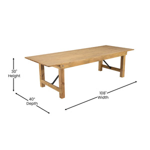 English Elm HERCULES Commercial Farmhouse Folding Table - Durable Solid Pine Design for Dining & Events, 10 Seats Light Natural 9'L x 40"W XA-F-108X40-LN-GG