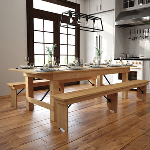 English Elm HERCULES Commercial Farmhouse Folding Table - Durable Solid Pine Design for Dining & Events, 10 Seats Light Natural 9'L x 40"W XA-F-108X40-LN-GG