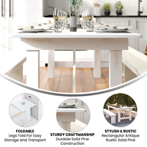English Elm HERCULES Commercial Farmhouse Folding Table - Durable Solid Pine Design for Dining & Events, 10 Seats Antique Rustic White 9'L x 40"W XA-F-108X40-WH-GG