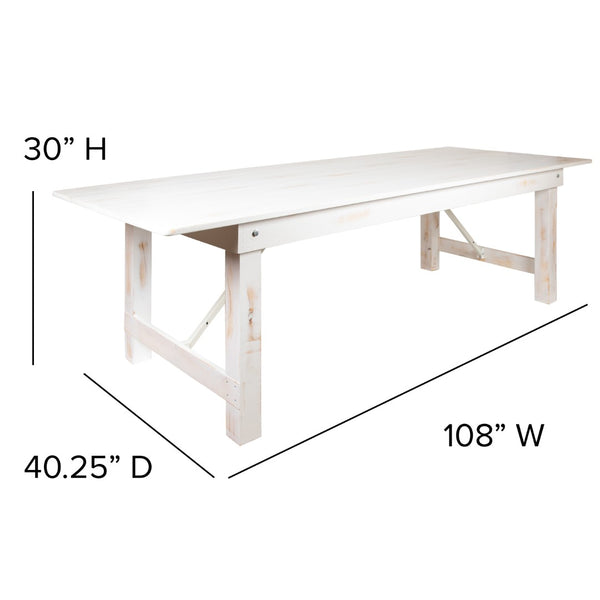 English Elm HERCULES Commercial Farmhouse Folding Table - Durable Solid Pine Design for Dining & Events, 10 Seats Antique Rustic White 9'L x 40"W XA-F-108X40-WH-GG