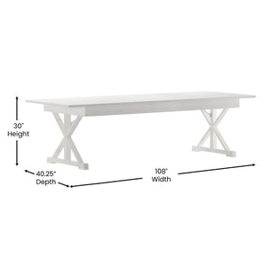 English Elm HERCULES Folding Farm Table - Solid Pine Design with X Legs for Stylish Dining and Easy Storage Antique Rustic White 9'L x 40"W XA-F-108X40-XLEGS-WH-GG