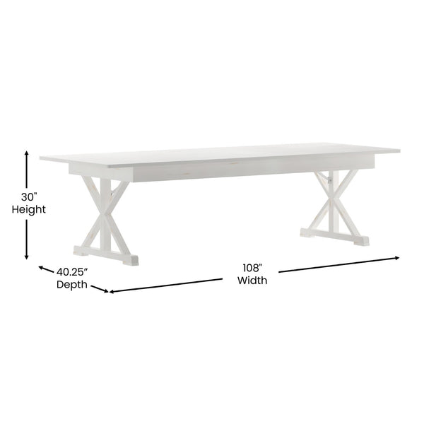 English Elm HERCULES Folding Farm Table - Solid Pine Design with X Legs for Stylish Dining and Easy Storage Antique Rustic White 9'L x 40"W XA-F-108X40-XLEGS-WH-GG