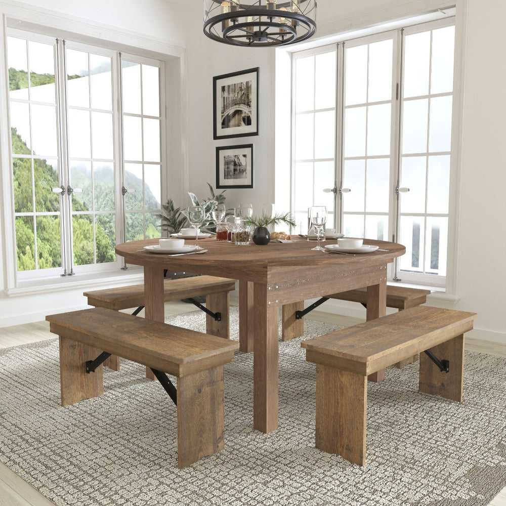 English Elm HERCULES Series Round Dining Table | Farmhouse Charm with Rustic Pine & Space-Saving Design for 8 XA-F-60-RD-GG