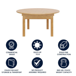 English Elm HERCULES Farmhouse Folding Table - Commercial Grade Solid Pine Dining Table for Events & Gatherings Light Natural 60" Round XA-F-60-RD-LN-GG