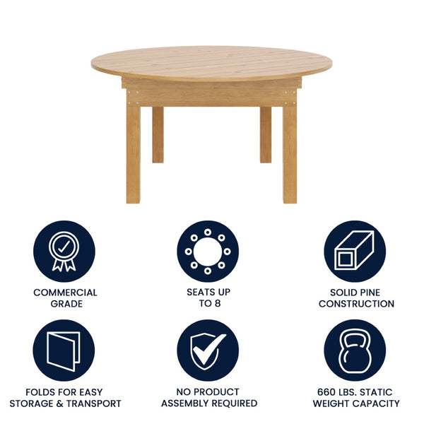 English Elm HERCULES Farmhouse Folding Table - Commercial Grade Solid Pine Dining Table for Events & Gatherings Light Natural 60" Round XA-F-60-RD-LN-GG