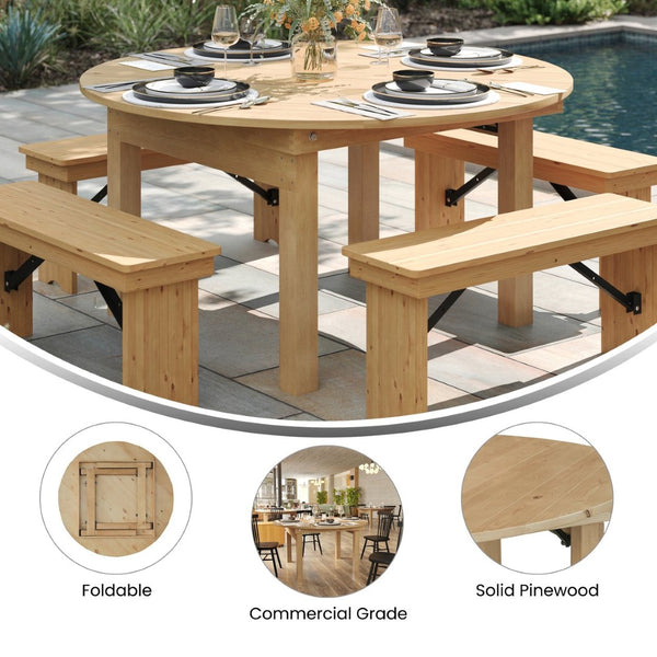English Elm HERCULES Farmhouse Folding Table - Commercial Grade Solid Pine Dining Table for Events & Gatherings Light Natural 60" Round XA-F-60-RD-LN-GG