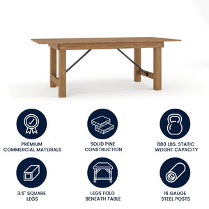 English Elm HERCULES Solid Pine Folding Farm Table – Rustic Charm & Durable Design for Indoor or Outdoor Use Antique Rustic 7'L x 40"W XA-F-84X40-GG